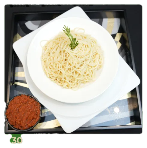 Pasta, plated and ready to serve